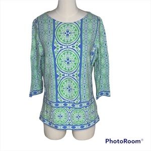 Ruby Rd. Blue Green White Tunic Blouse Top 3/4 Sleeve - Size L